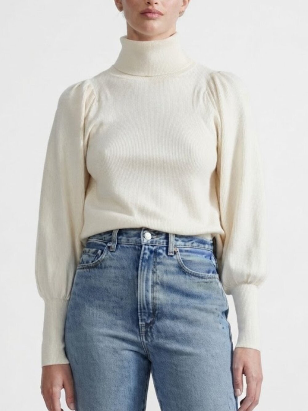 Apiece Apart Dewi Turtleneck Sweater XL Ivory Silk Blend Puff Sleeve New